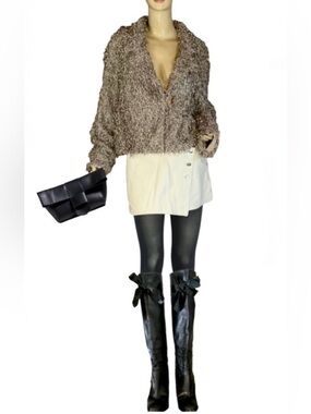 PICADILLY BEIGE & BLACK EYELASH FRINGE BLAZER (L)